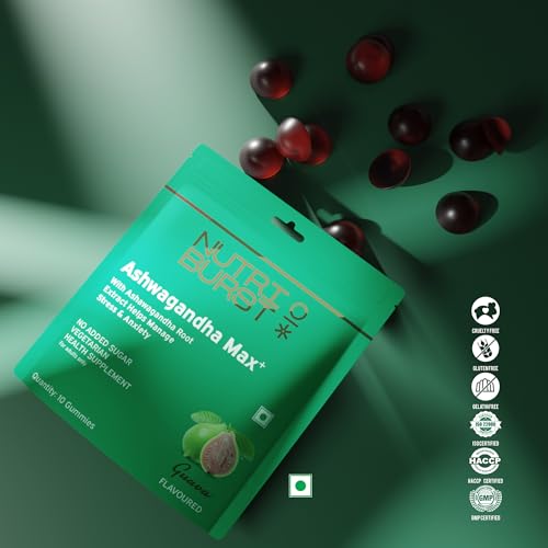 Image of Nutriburst Ashwagandha Max 500mg for Stress and Anxiety Relief | Vigour, Energy, Power & Stamina | Relax Refresh Mind & Body | Guava Flavor Gummies, No added sugar | 10 Gummies