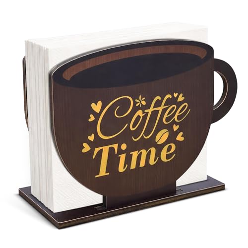 Cute Coffee Cup Design Wooden Napkin Holder Farmhouse Cafe Wood Napkin Holder for Table Kitchen Coffee Station Tissue Dispenser Decorative