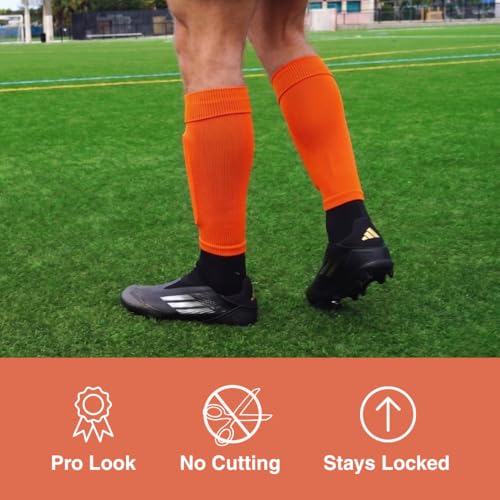 Orange Pre Cut Soccer Socks for Men, Soccer Sock Sleeves for Grip Socks, No Cut Needed, Clean Leg Sleeves for Soccer, Football and Rugby by SLEEFS - Used condition - Image 5