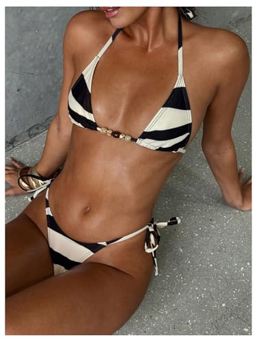 GORGLITTER Women's Micro Bikini Set High Cut Thong Halter Triangle Colorblock Striped Trendy 2025 Swimsuit Bathing Suit2