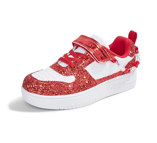 LUCKY STEP Girl's Glitter Sneakers Slip On Hook and Loops Athletic Sparkly Beads Casual Tennis School Party Cute Running Shoes for Children/Girls/Kids(White/Red,Little Kids 13)