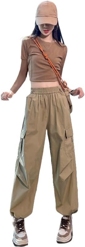 JYHBHMZG Women's American Style Spring Cuffed Hem Wide Leg High Waist Sports Silk Cotton Cargo Pants