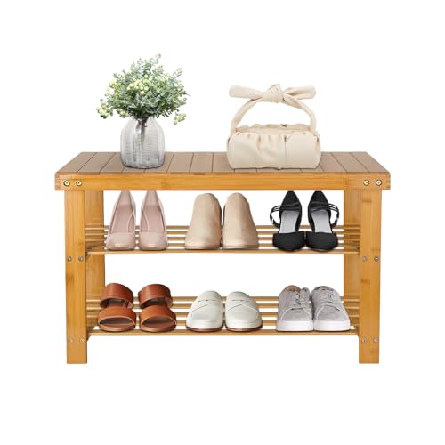 OHMG Banc Étagère à Chaussures en Bambou Naturel 3 Niveaux,Banc de Rangement Étagère à Chaussures,Charge 120 kg,Idéal pour l’entrée,Salle de Bain,balon