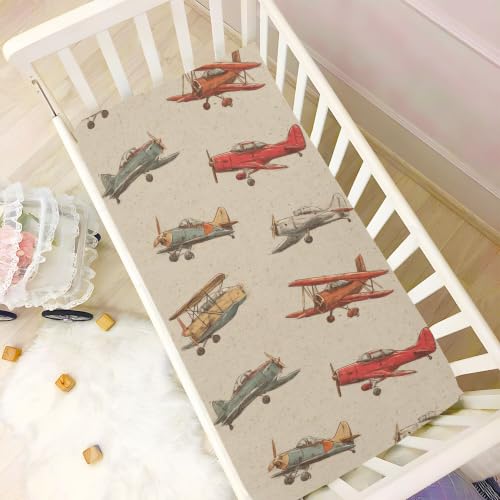 Image of Airplane Planes Vintage Crib Sheets Soft Breathable Fitted Baby Crib Sheets Mattress Cover for Girls Boys, 52 inch x 28 inch x 9 inch