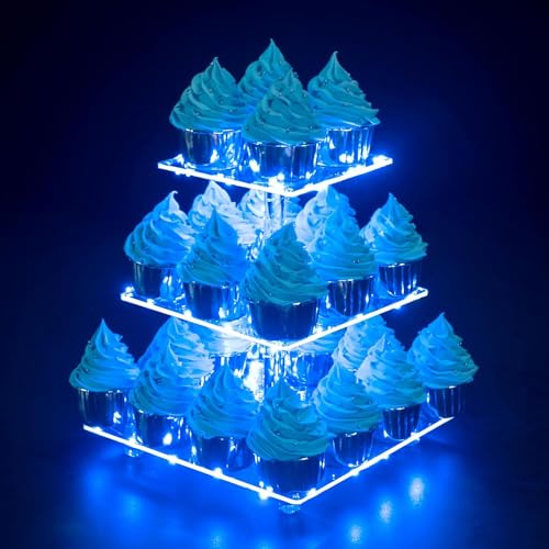 Ulifeme 3 Livelli Cupcake Stand, Alzata Torre Quadrato in Acrilico con Luci Blu a LED Stringa, Porta Torte Albero Dessert per Compleanno, Matrimonio, Anniversario & Decorazione per Feste