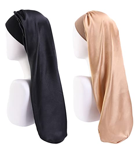 LadayPoa Lange Satin Schlafmütze,2 Stück Große Schlafmützen für Frauen,Lange Zöpfe Satin-Schlafmütze,Extra Große Schlafmütze mit Breites Elastisches Band,Weich und Bequem Cover