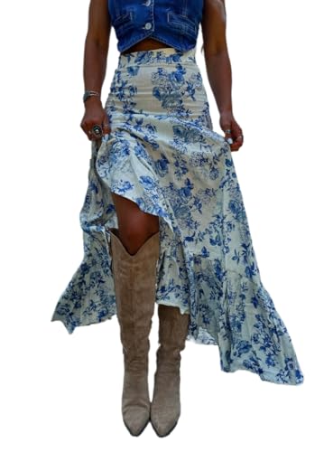 THLAI Womens Skirt Maxi Skirt Floral Print Pleated Split Summer Daily Skirt