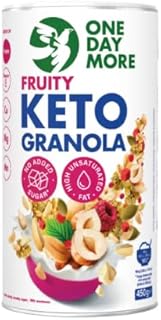 OneDayMore Keto Granola Fruity 450g – Low Carb Knuspermüsli ohne Zuckerzusatz – Fruchtiges Frühstück mit Erdbeeren, Himbeeren & Johannisbeeren – Vegan, Ballaststoffreich & Proteinreich – Ketogene Diät