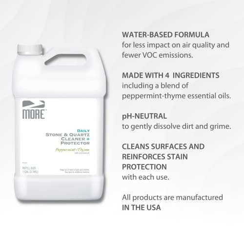 More Stone & Quartz Cleaner + Protector - Water-Based Surface Care Spray Refill - For Kitchen & Bathroom Countertops & Floors - Daily Cleaner/Protector - Peppermint-Thyme Essential Oil - 128Oz #TOP4