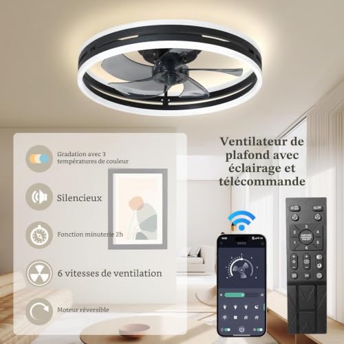 Revneey Ventilateur de plafond silencieux avec lumière 72W Dimmable Suspension avec télécommande et APP Lumière à 6 vitesses, Chambre Salon (Noir, 50cm) – vue 3