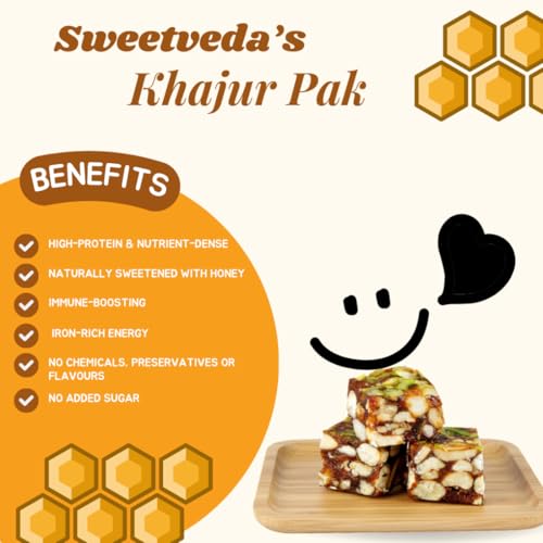 Image of SweetVeda Sugar Free Khajur Pak (Dates Barfi) - Premium Dry Fruit Mithai & Dry Fruit Chikki | No Added Sugar Khajoor Sweet | Almond Cashew Pistachio Rich | Honey Sweetened Natural Dates | Healthy Energy Snack (250gm)