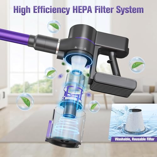 TOTTE Cordless Vacuum Cleaner, 550W 45KPA 60 Mins, 2500mAh Detachable Battery, Stick Vacuum Cleaners LED Touch Screen, Wall Mount Charging, Wireless Vacuum for Home Pet Hair Carpet Hardwood Floor