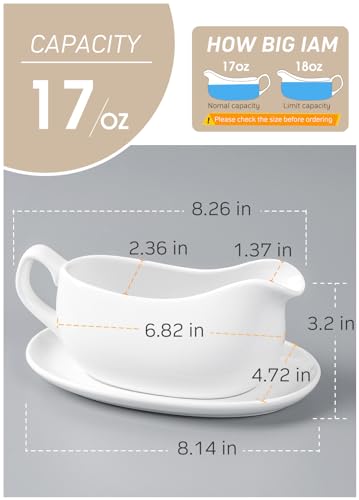 Gurygo 17oz Large White Ceramic Gravy Boat with Tray - Porcelain Gravy Boat with Large Pour and Fewer Drips - Ceramic Sauce Boat for Gravy, Salad Dressings, Microwave & Freezer Safe