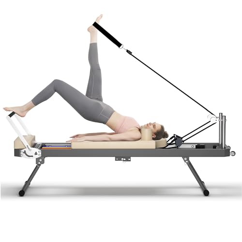 WDYLWFHW Pilates Reformer Machine for Home Gym, Foldable Pilates Machine Equipment with High Strength Alloy Springs for All Level Users, Up to 330lbs (Beige)
