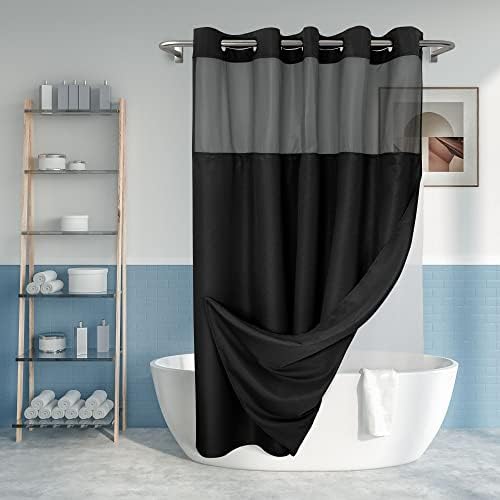 No Hook Slub Textured Shower Curtain with Snap-in PEVA Liner Set - 71" x 74"(72"), Hotel Style with See Through Top Window, Machine Washable & Water Repellent Fabric, Black, 71x74