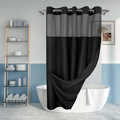 Extra Long No Hook Slub Textured Shower Curtain with Snap-in PEVA Liner Set - 71" x 86"(84"), Hotel Style with See Through Top Window, Black Fabric Curtain & Waterproof Liner, Black, 71x86