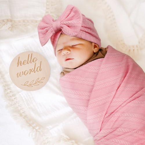 Image of AQOKKA Newborn Receiving Blanket with Bow Hat Headband Wooden Card Set Wheat-Pattern Newborns Toddler Baby Boy Girl Nursery Swaddle Wrap