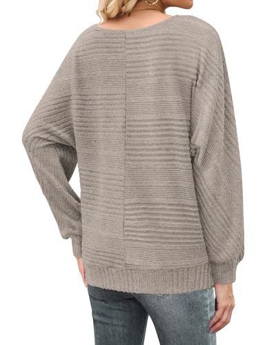WNEEDU Womens Jumpers Autumn Lightweight Ladies Batwing Tops Long Sleeve Boat Neck Striped Knit Sweater Casual Pullover Khaki M
