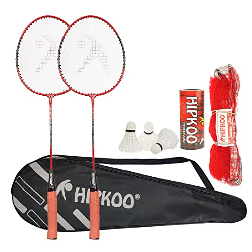 Hipkoo Sports Fine Aluminum Badminton Complete Racquets Set | 2 Wide Body Racket With Cover, 3 Shuttlecocks And Net | Ideal For Beginner | Lightweight & Sturdy (Red, Set Of 2) #TOP23