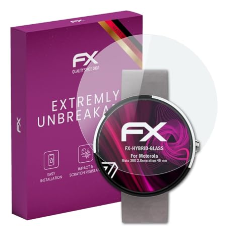 atFoliX Glasfolie kompatibel mit Motorola Moto 360 2.Generation 46 mm Panzerfolie, 9H Hybrid-Glass FX Schutzpanzer Folie