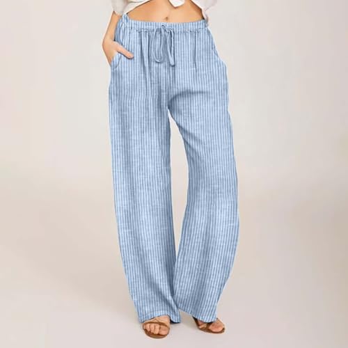 SHOPESSA Wide Leg Linen Pants for Women Soft Casual Drawstring Tie Elastic Waist Loose Pants Summer Beach Pockets Trousers2