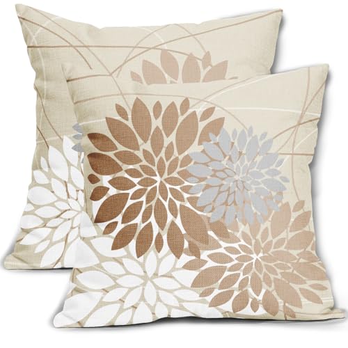 Light Brown Flower Pillow Covers 18x18 Grey Gray White Dahlia