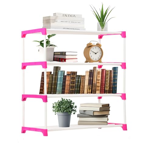 Image of 4 Layer Modern Simple Home Library, Book Stand Book Shelf with Storage Display Rack Open Bookcase Showcase Stand Book Rack for Study Room (Pink)