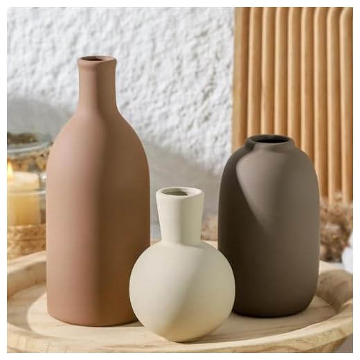Ceramic Vases Set of 3, Modern Neutral Rustic Farmhouse Home Decor Pottery Pampas Decoration for Living Room, Table, Bathroom, Bedroom, Entryway - Brown