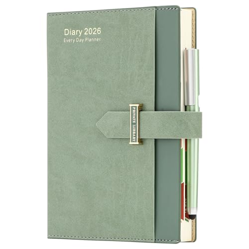 Akademischer Terminkalender 2026,Tag pro Seite,2026 Terminkalender,Hardcover organisiert von an 2026 bis Dez 2026, A5 Agenda,Tages und Monatsplaner mit Stift,farbiges monatstablett,Green