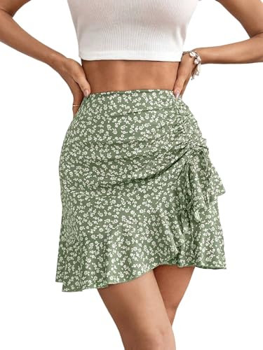 EARKOHA 2025 Skirts for Women Ditsy Floral Print Drawstring Ruffle