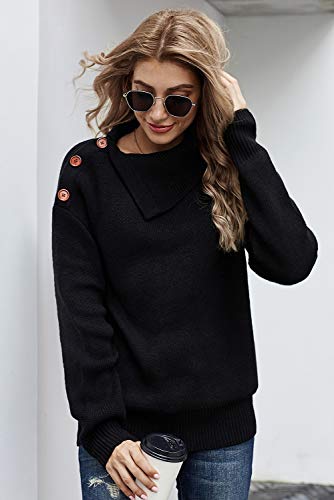 Necooer Women's Sweaters Casual Long Sleeve Pullover Knit Sweater Tops with Button Decoration (Large, Black)2