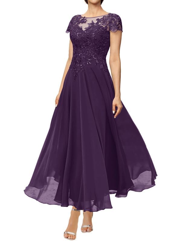 Lace Sequins Mother of The Bride Dresses Short Sleeve Wedding Guest Dresses Long Chiffon A Line Formal Evening