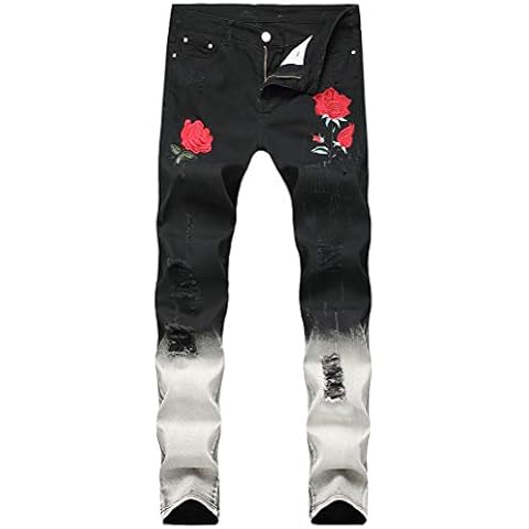 Ylingjun Mens Ripped Distressed Rose Embroidered Ombre Skinny Moto Biker Jeans (36, Black) Cover