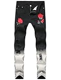 Ylingjun Mens Ripped Distressed Rose Embroidered Ombre Skinny Moto Biker Jeans (34, Black)