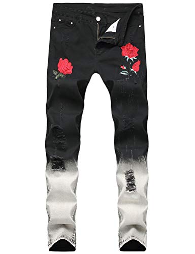 Ylingjun Mens Ripped Distressed Rose Embroidered Ombre Skinny Moto Biker Jeans (34, Black)
