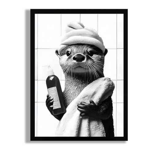 SYWENNOI Framed Otter Bathroom Canvas Wall Art Black and White 16x24 inches | Black frame, UV-resistant ink, Giclée printing process, Pre-installed hooks make it easy to hang home or office wall decor