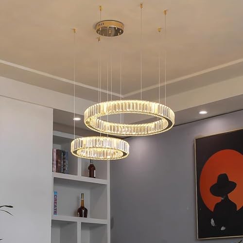 Chandelier crystal 3 ring round LED moderne et dimmable pour grand salon