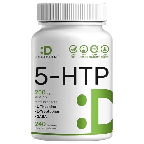 Deal Supplement 5-HTP 200mg Per Serving, 240 Capsules, 98% African Derived Griffonia Seed Extract | 4 in 1 Formula | Plus Active L Theanine, L Tryptophan, & GABA | Relaxation Support Supplem