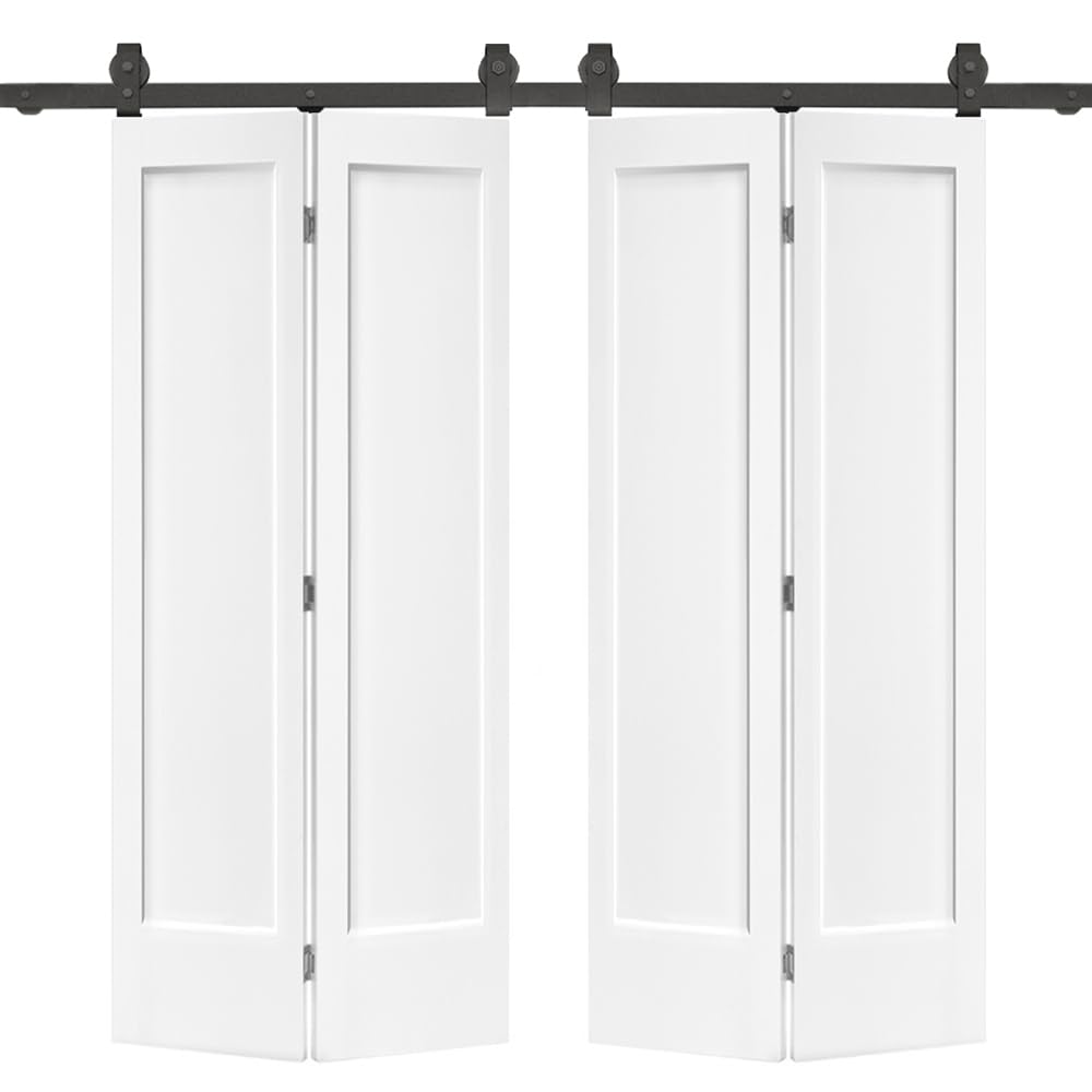 72 in. x 80 in. Hollow Core 1 Panel Primed MDF Composite Double Bi-Fold Barn Doors with Sliding Hardware Kit