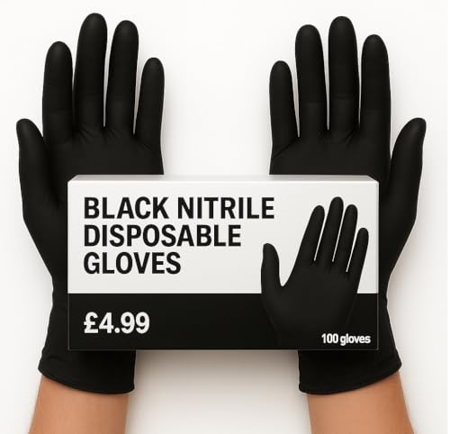 JB London] Black Nitrile Disposable Gloves | Latex Free | Powder Free | Medical Exam Gloves | Use in Surgical, Home, Cleaning, and Food Gloves | Extra Strong and Thick –Box of 100 – Black - (Large)
