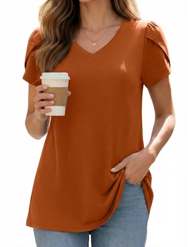 Enmain Mujeres Casual Túnica Tops Manga Corta Blusa Cuello en V Más Tamaño Túnica Camiseta para Mujer Elegante Tulipán Manga Swing Tops Naranja 2XL