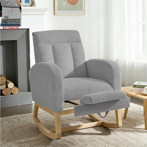 Aptliton Modern Soft Rocking Recliner Chair with Adjustable Footrest,High Back Glider with Side Pocket,Comfortable Stuffed Upholstery for Living Room, Bedroom, Nursery,Raw Wood Legs, Beige