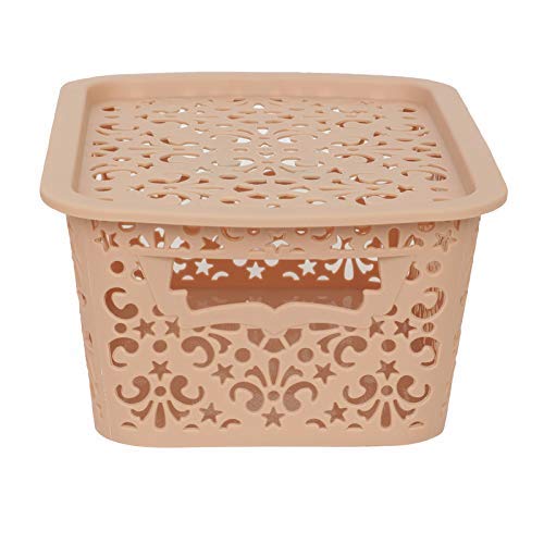 Image of Cutting Edge Essentials Plastic Storage Baskets /Shelf /Turkish Rack with Lid - Set of 3 for Fruit Vegetable Bathroom Stationary Home Basket with Handle (Brown,Beige & White - Small)