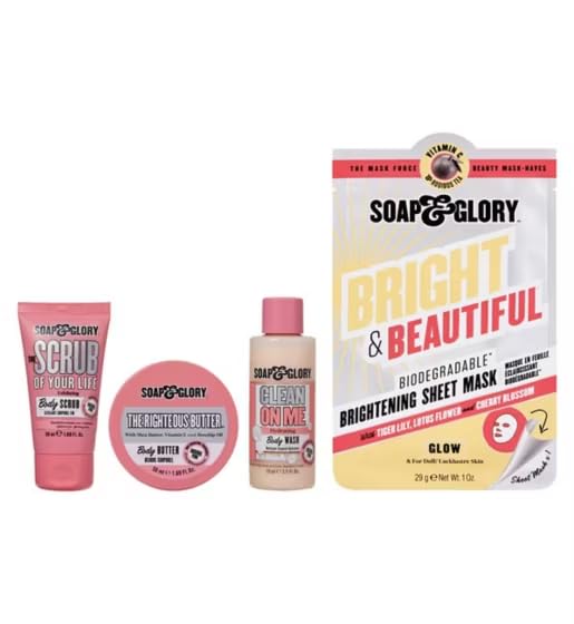 Soap & Glory Gift Set Body Care Collection with Body Butter Body Wash Scrub Sheet Mask 4 Piece Set Christmas Gift