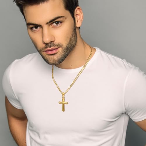 Mens Cross Necklaces 14K Gold Cross Necklace for Men Gold Crosses Necklaces for Men Figaro Chain with Smooth Surface Crosses Chain Pendant Necklace for Mens4