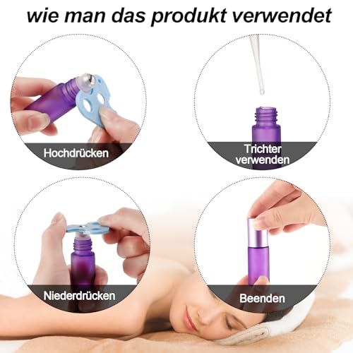 dusaniyali 8 Stk Roll On Glasflaschen für Ätherisches Öl, 5ml Leer Roller Flaschen mit Öffner, Trichter und Tropfer, Roll On Flasche Leer 5ml mit Edelstahl Roller für Ätherische Öle, Parfums, Lotionen