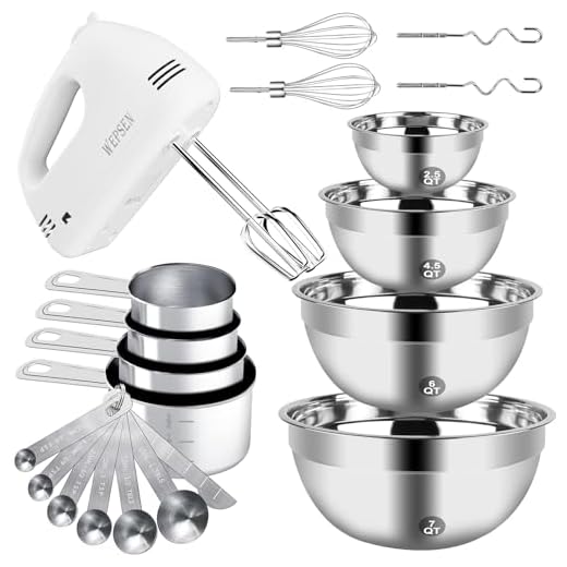 Electric Hand Mixer Mixing Bowls Set, Upgrade 5-Speeds Handheld Mixers with 5 Nesting Stainless Steel Mixing Bowl, Measuring Cups and Spoons Whisk Blender Kitchen Cooking Baking Supplies For Beginner