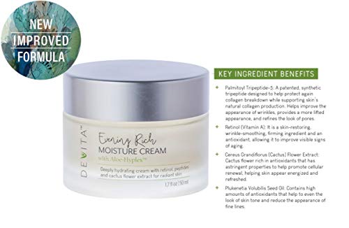 Devita Evening Rich Moisture Cream With Aloehyplex - 100% Vegan Age Defying Night Cream For Face To Improve Look Of Fine Lines, Wrinkles, Pores For Normal Or Dry Skin -1.7Oz #TOP1