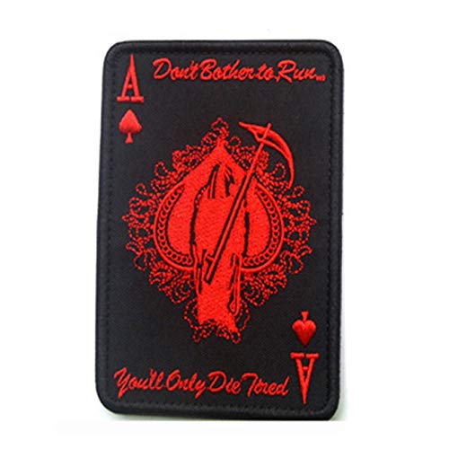 MachinYeser Carta de la Muerte Parche Rectangular Bordado Espada A Poker Parche táctico Moral Militar TAD Brazalete Tejido de Combate Insignia Negro y Rojo
