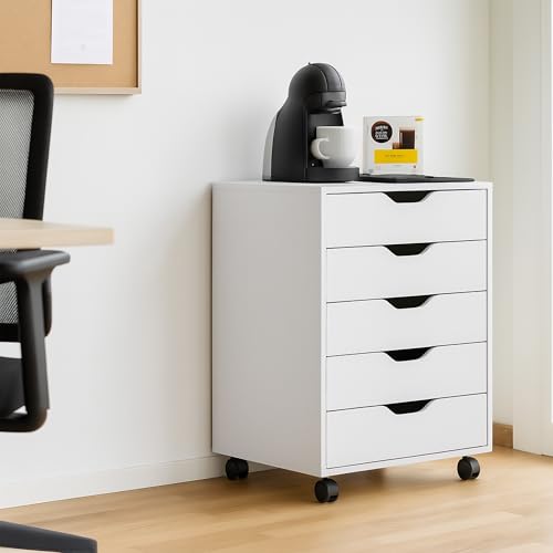 Relaxdays Rollcontainer, 5 Schubladen, HxBxT: 66,5 x 48 x 39,5 cm, Büroschrank, Aktenschrank mit Rollen, Büro, weiß